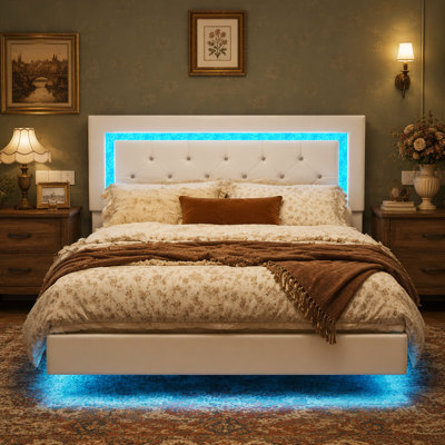 Bed Frame with Headboard, Floating Bed Frame with LED Lights, Upholstered Platform Bed with Tufted Headboard