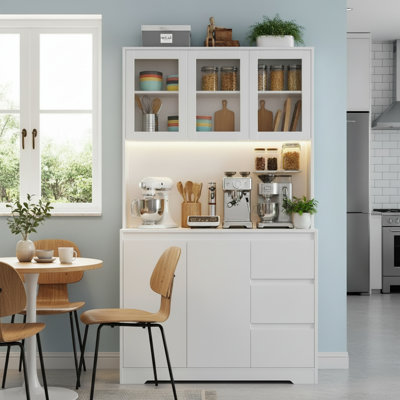 White Kitchen Storage Sideboard With Charging Station + LED Light, 3 Drawers, Glass Doors, Built-In Adjustable Shelves, Multi-Functional Large-Capacity Storage Cabinet.