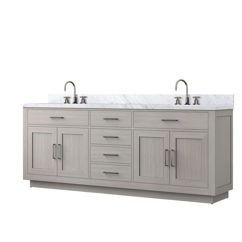 Meuble-lavabo double en chêne blanc, surface en marbre, robinet inclus et meuble-lavabo en bois massif à fermeture douce avec éléments de structure
