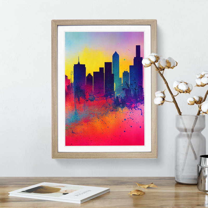 XV1022-3239X Paint Splashed City Skyline No.2 Abstract 1 Piece Single Picture Frame Wall Art, 34cm H x 25cm W x 2cm D, Oak