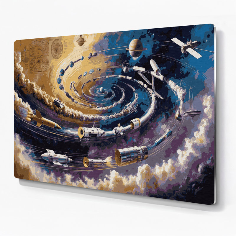 Space Timeline of Space Exploration, art mural en métal gris, H 132 po x l 168 po x P 0,05 po