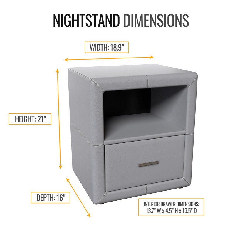 Manhattan Upholstered Faux Leather Nightstand-Pre Assembled Low Profile End Table, Grey