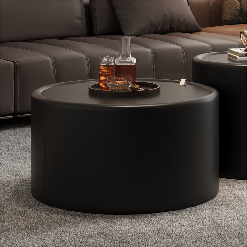 Table basse ronde en verre trempé noir profond avec rangement caché, table d'appoint moderne pour le salon