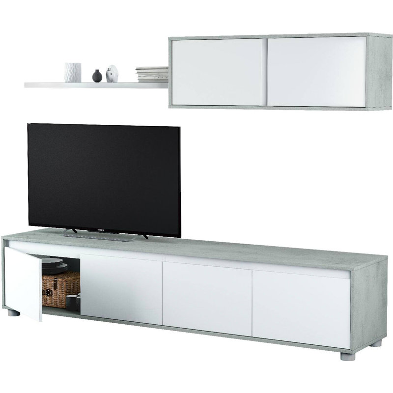 Fitted Wall Savannah, Tv Stand For Living Room Set Composition With Wall Unit, 200X41H43 Cm, White/Grey
