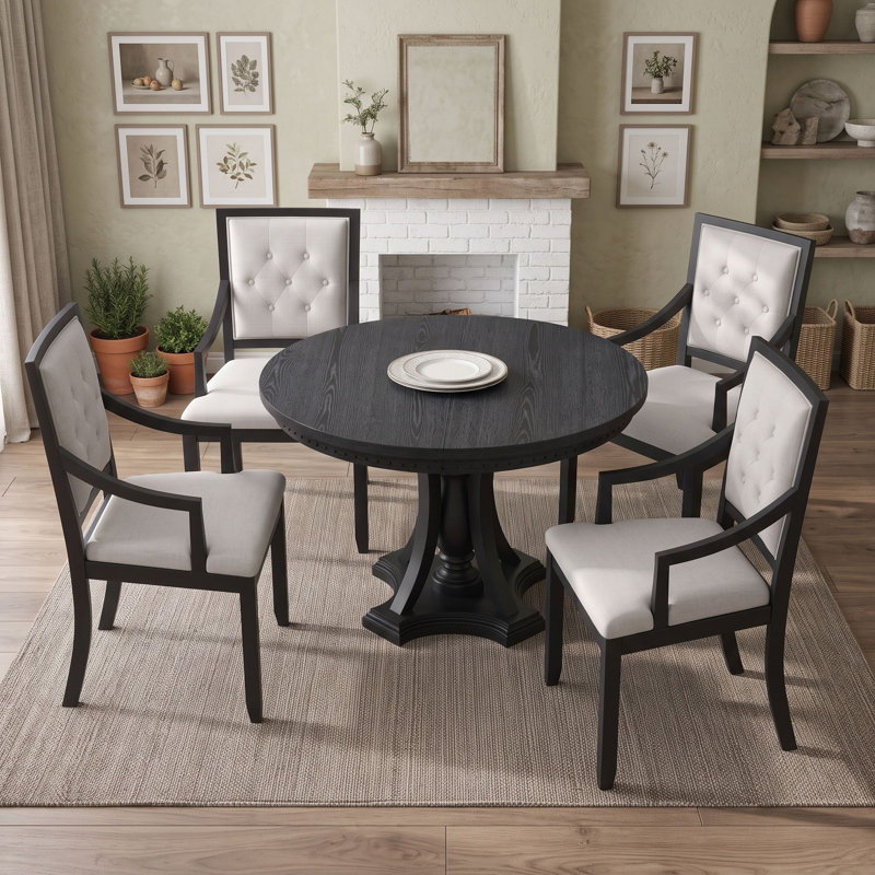 Ensemble de table de salle à manger ronde extensible rétro en chêne avec quatre fauteuils rembourrés, Chêne noir
