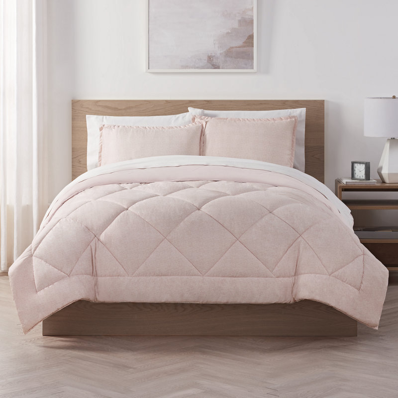 Serta Supersoft Cooling Bed Set, Reversible Bedding Comforter and Solid Sheet Set, Queen, Dusty Pink