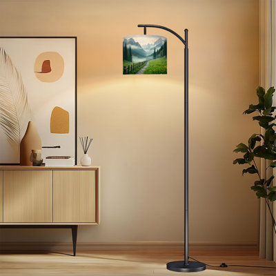 Lampe sur pied à arc avec abat-jour réglable Misty Mountain Valley Pine Forest Wildflower Meadow Lampe sur pied en bois