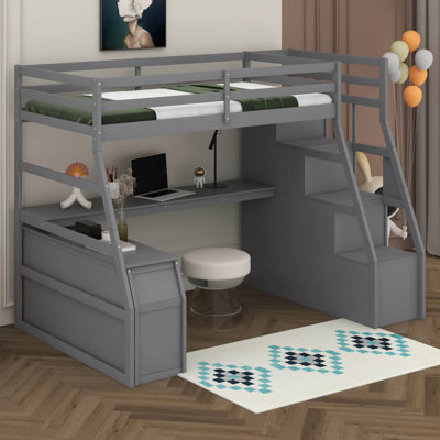 Structure de lit simple de taille mezzanine avec bureau et escalier de rangement, lit mezzanine en bois avec 7 tiroirs et 2 tablettes, lit mezzanine pour enfant