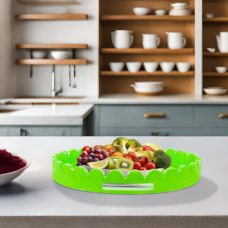 Effa Hand-Crafted Round Scalloped Wood Tray, Green