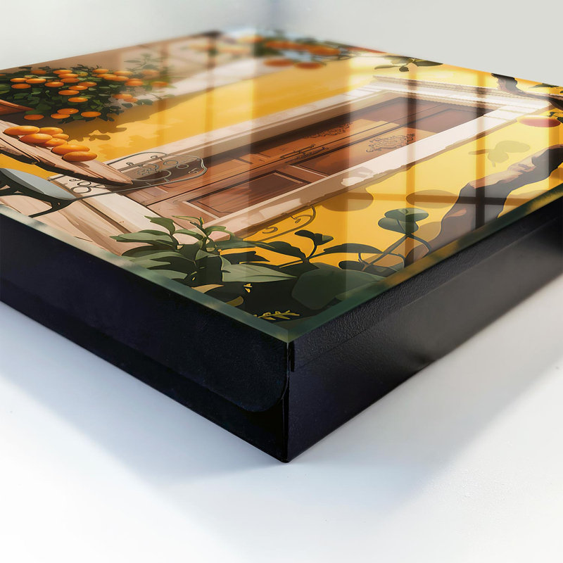 Key storage cabinet, Opens to the right, 30x30x5, Black, Sunny patio with orange trees and metal chairs, 