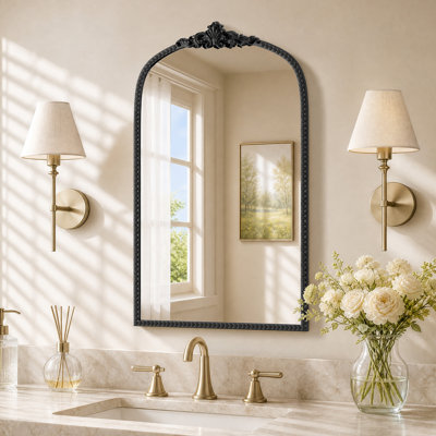 Vintage Mirror, 24"x36" Arched Antique Baroque Bathroom Mirror, Decorative Wall Mirror, Ornate Vanity Mirror for Entryway, Living Room, Hallway, Bedroom, Black
