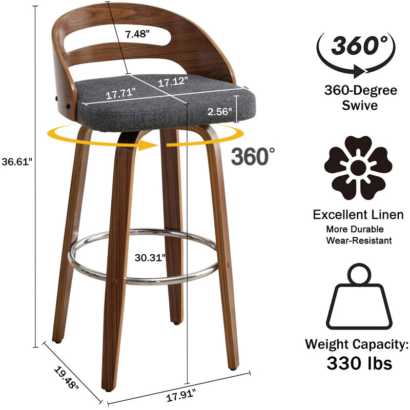 Tabouret de bar pivotant moderne Mahtab, Gris, Tabouret de bar (siège d'une hauteur de 30,31 po)
