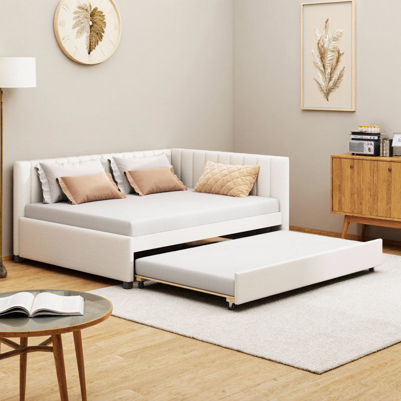 Full Size Upholstered Daybed Sofa Bed with Trundle & Storage Drawers, Linen Fabric (Beige) - No Box Spring Needed, Beige