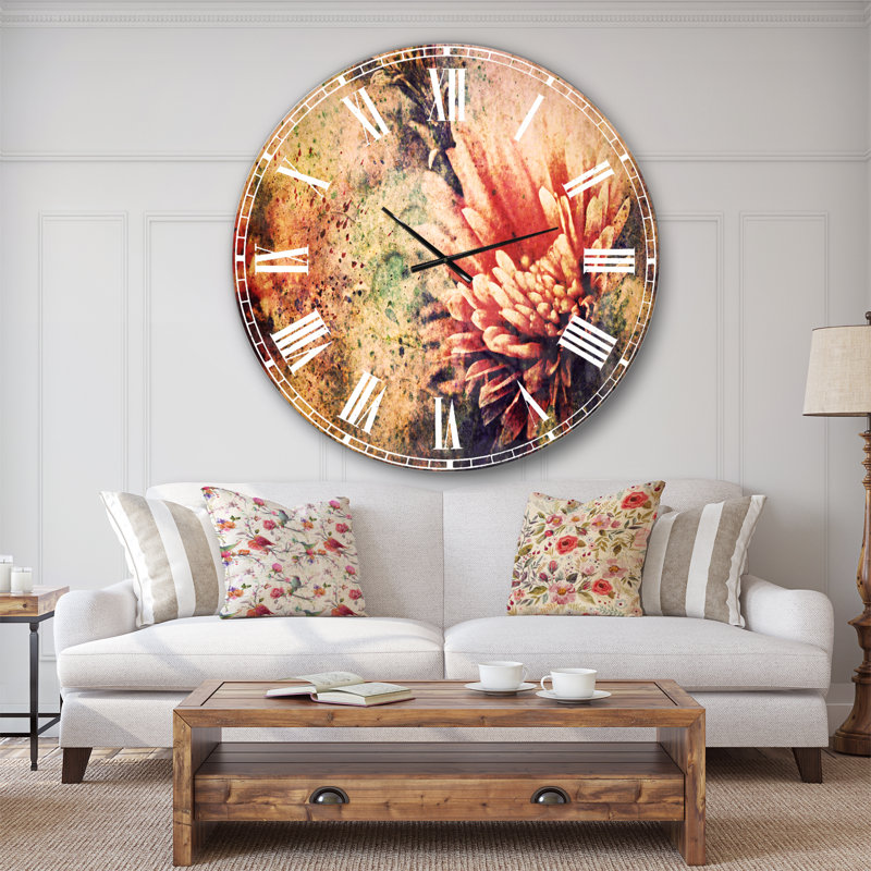 Art grunge avec fleur et éclaboussures - Horloge murale traditionnelle, Surdimensionné
