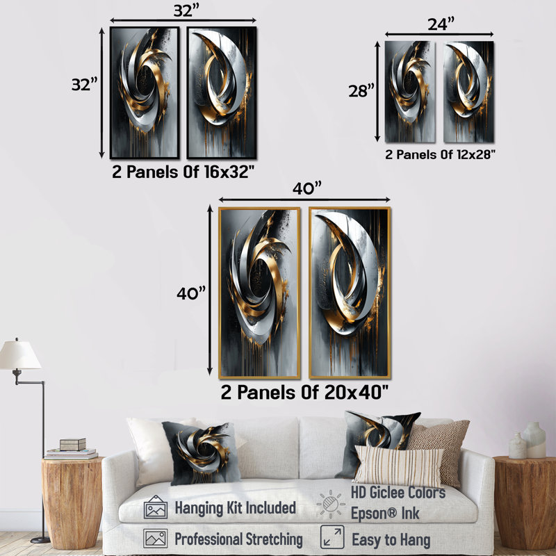 Ensemble de 2 formes d'art abstrait noir et or I - Formes abstraites, H 28 po x l 24 po, Toile tendue sur cadre
