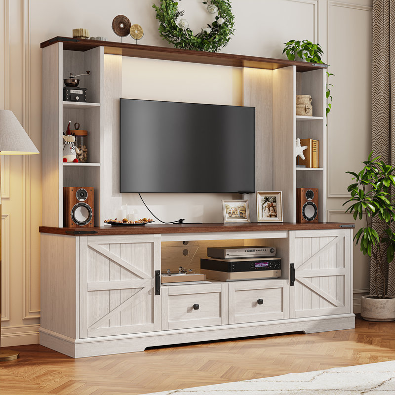 Farmhouse Entertainment Center For 55 Inch Tv, With 2 Led Lights, Power Outlets & Storage Shelf, White