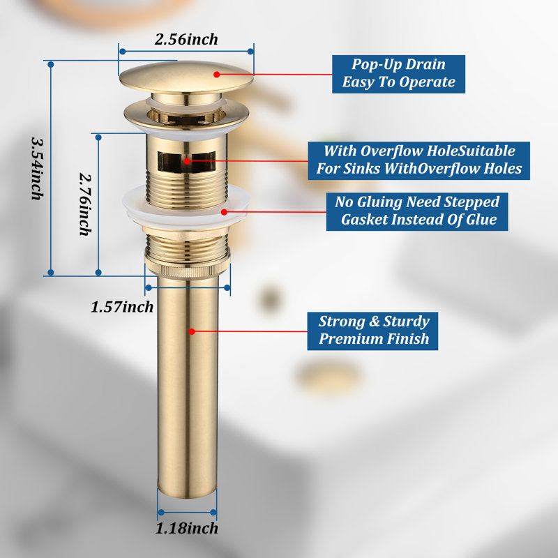 Bathroom Sink Stainless Steel Pop Up Drain With Overflow(2 Pcs), Brushed Gold