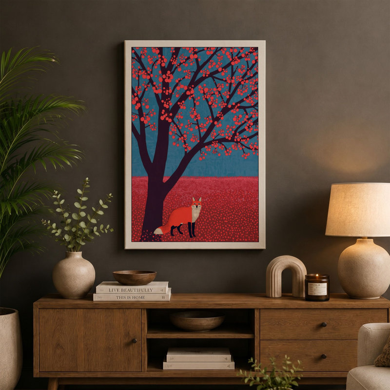 Fox Beneath the Tree Boho - Wrapped Canvas, 36x24 - 91.4 x 61.0 cm, Black Border