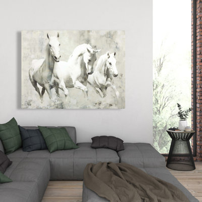 Three White Horses Running - Beige Horse Canvas Wall Art