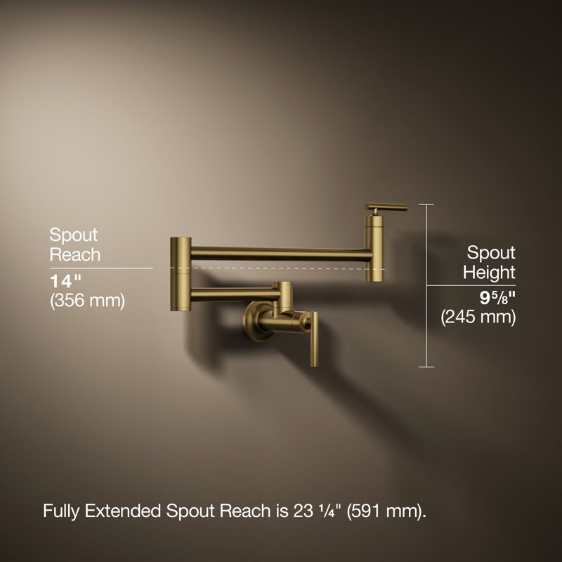 Wall-Mount Pot Filler Faucet, Swing Arm Kitchen Pot Filler Faucet, Vibrant Brushed Moderne Brass