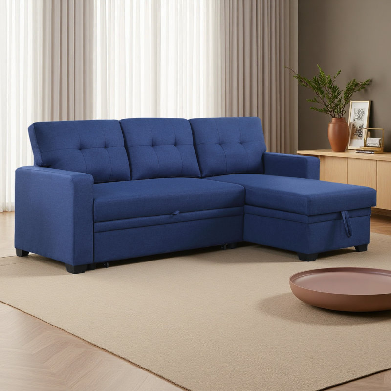 Convertible Upholstered Sectional Sofa With Pull-Out Chaise, Blue Linen