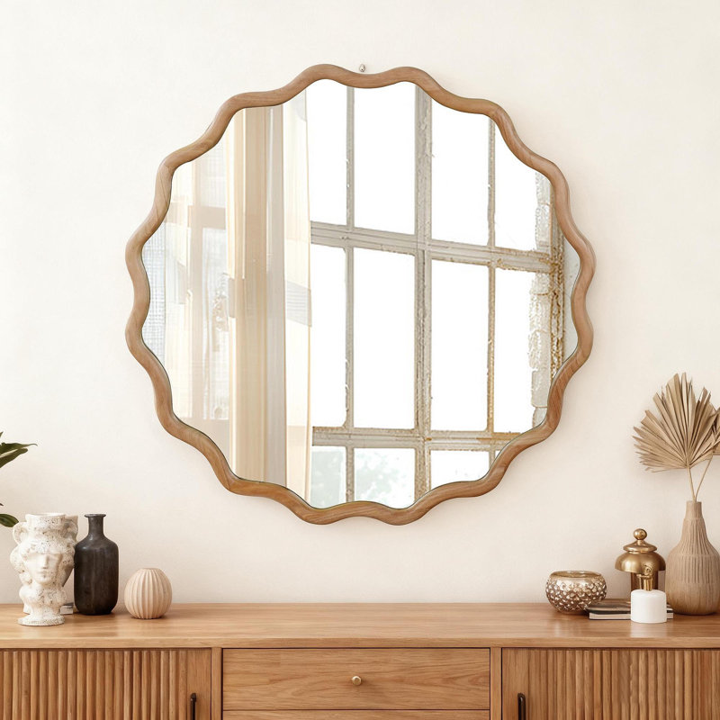 Miroir décoratif rond en bois naturel ondulé de 30 po de couleur bois naturel, pour chambre à coucher, salle de bain, salon, entrée