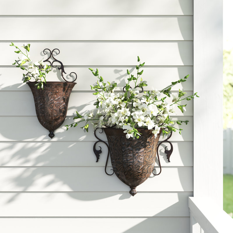 Antique Copper Scrollwork Iron Wall Planters Set of 2