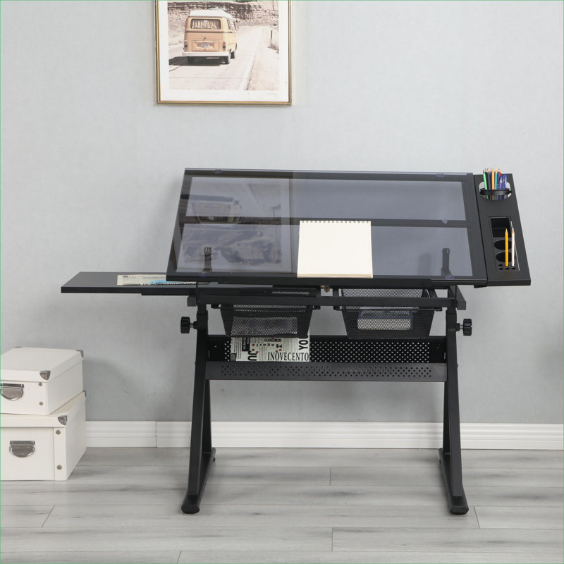 Table à dessin avec chaise, hauteur / inclinaison réglable, plateau en verre trempé de 5 mm, rangement | Noir | Acier