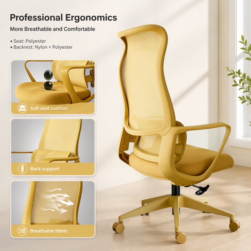 Chaise de bureau ergonomique en maille colorée avec soutien lombaire réglable, dossier haut respirant et siège en mousse moulée intégrée pour un confort et un soutien optimaux.