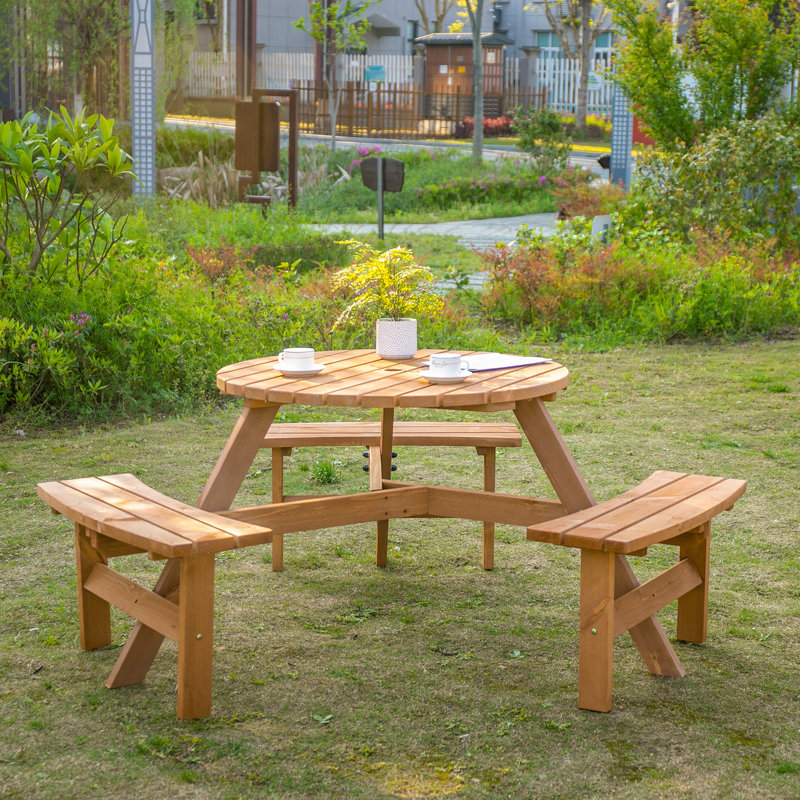 6-Seater Wooden Picnic Table And Bench Set With 3 Benches And Sunshade