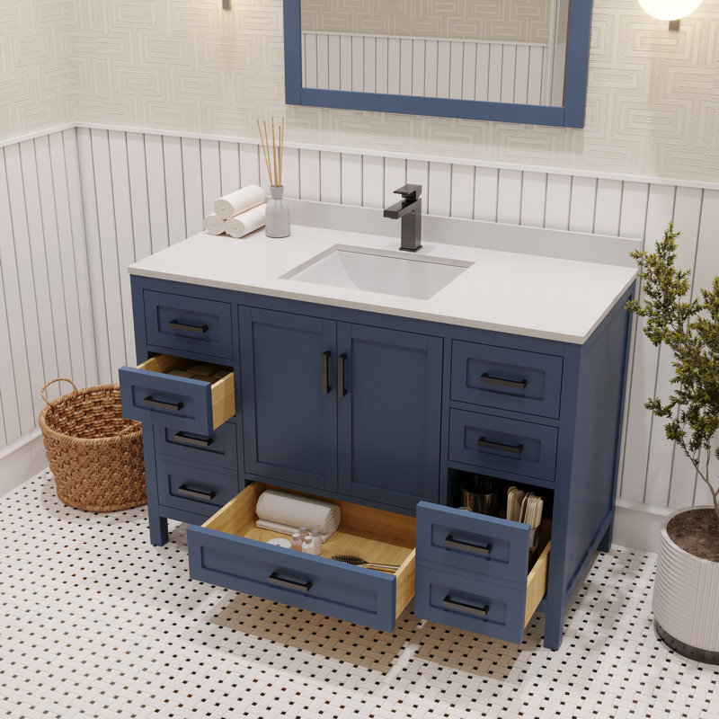 Ensemble de meuble-lavabo simple 48 po avec plateau en quartz blanc Rooh, Bleu, Noir mat