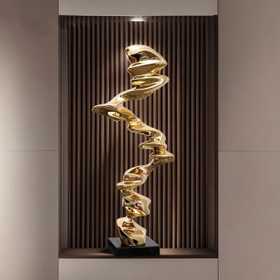 Modern Minimalist Golden Electroplated Abstract Resin Floor Sculpture with Black Base
