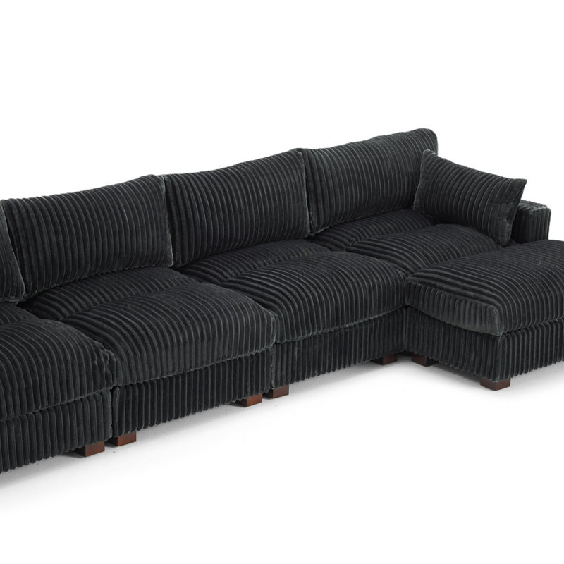 5 - Piece Upholstered Gray Faux Rabbit Fur Flannel Reversible Modular Sofa Living Room Sectional Couch with Ottoman