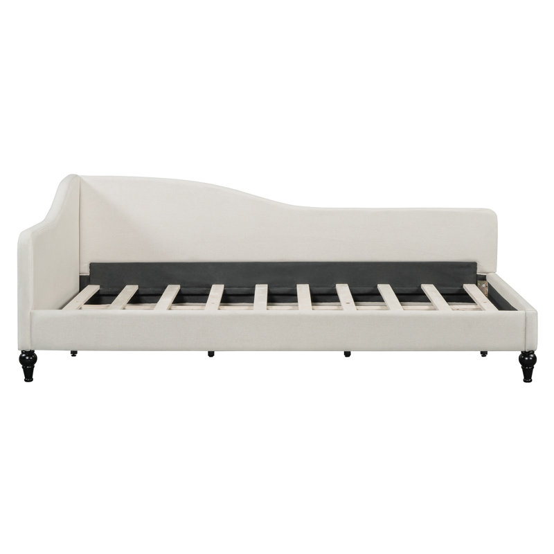 Twin Size L-Shaped Linen Upholstered Daybed with Solid Wood Legs, Semi-Enclosed Design, Beige, Beige, Twin, Beige