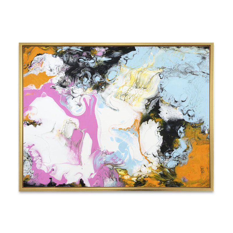 Rose, orange, blanc et bleu clair abstrait - peinture sur toile, H 34 po x l 44 po x P 1,5 po, Cadre flottant doré