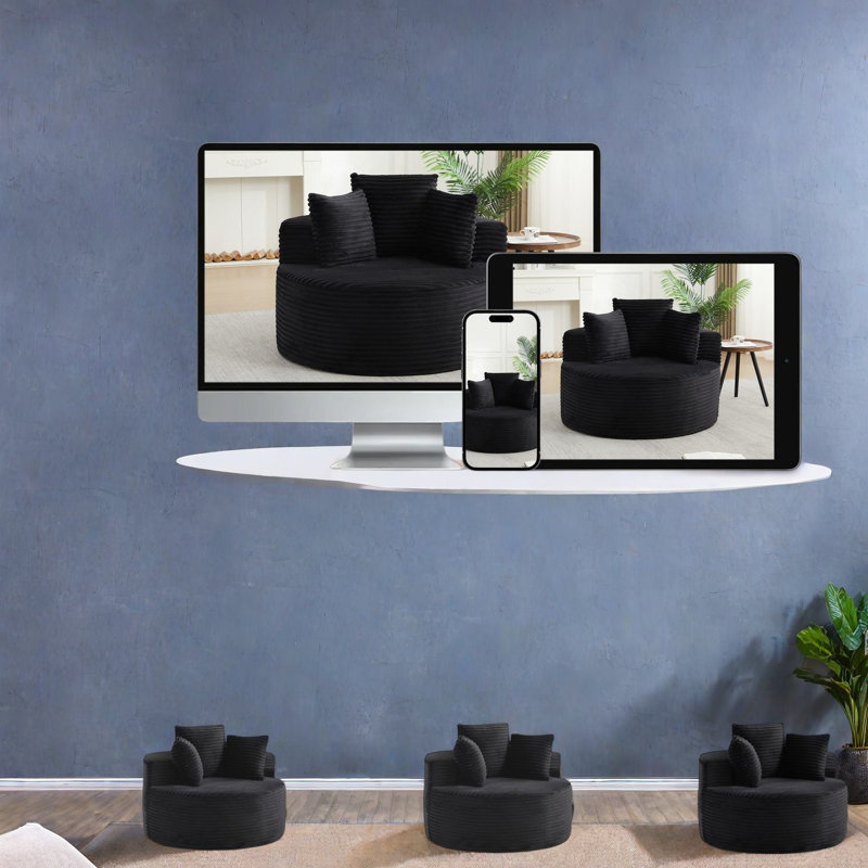 Fauteuil d'appoint en velours côtelé de 3 pouces, siège-coussin à 3 coussins, noir moderne pour la chambre à coucher