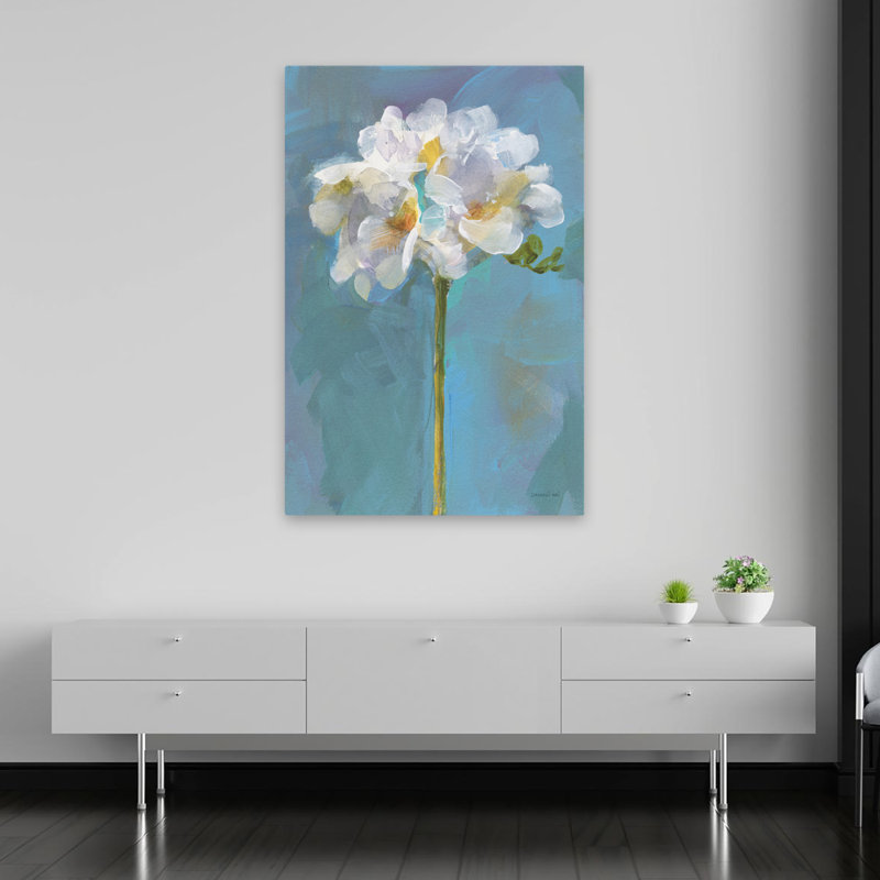 Art floral turquoise et bleu, H 60 po x l 40 po