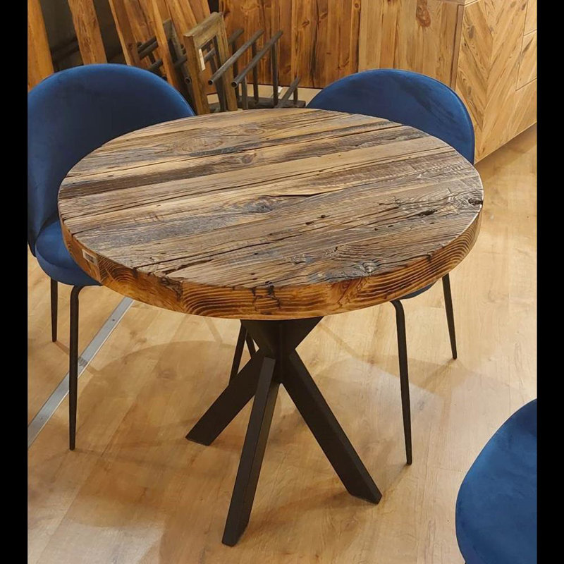 Karesinda Round Solid Wood Top Metal Base Dining Table