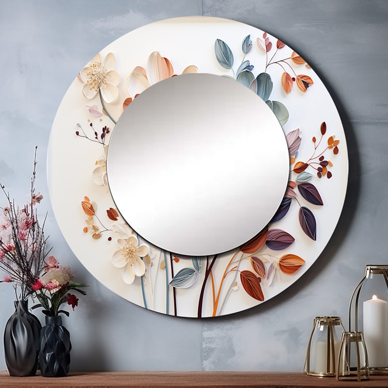 Lockbourne White Botanical Collage - Botanicals Mirror, Modern Round Unique Wall Mirror, Printed Metal Art, 36" x 36"