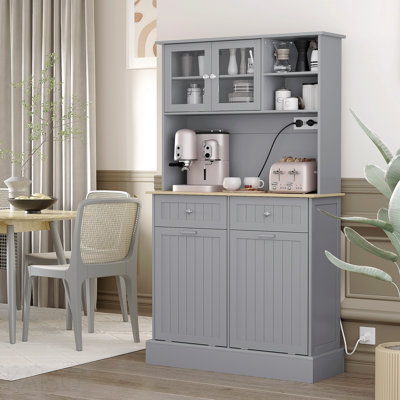 Kitchen Pantry Storage Cabinet with Charging Station and Microwave Stand for Dining Room - Gray