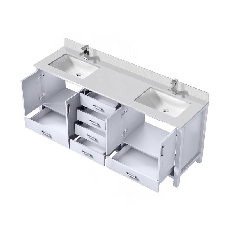 Meuble-lavabo double blanc 80 po X P 22 po D, dessus en quartz blanc et ensemble de robinet, H 34,25 po x l 80 po x P 22 po