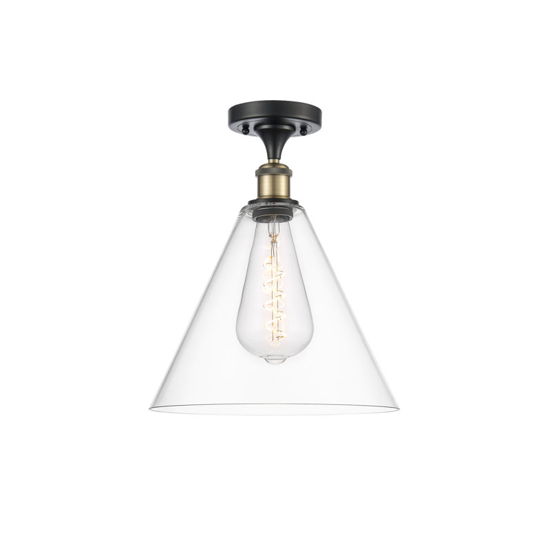 Glass Semi Flush Mount, 14.75" H x 12" W x 12" D, Clear, Black/Antique Brass