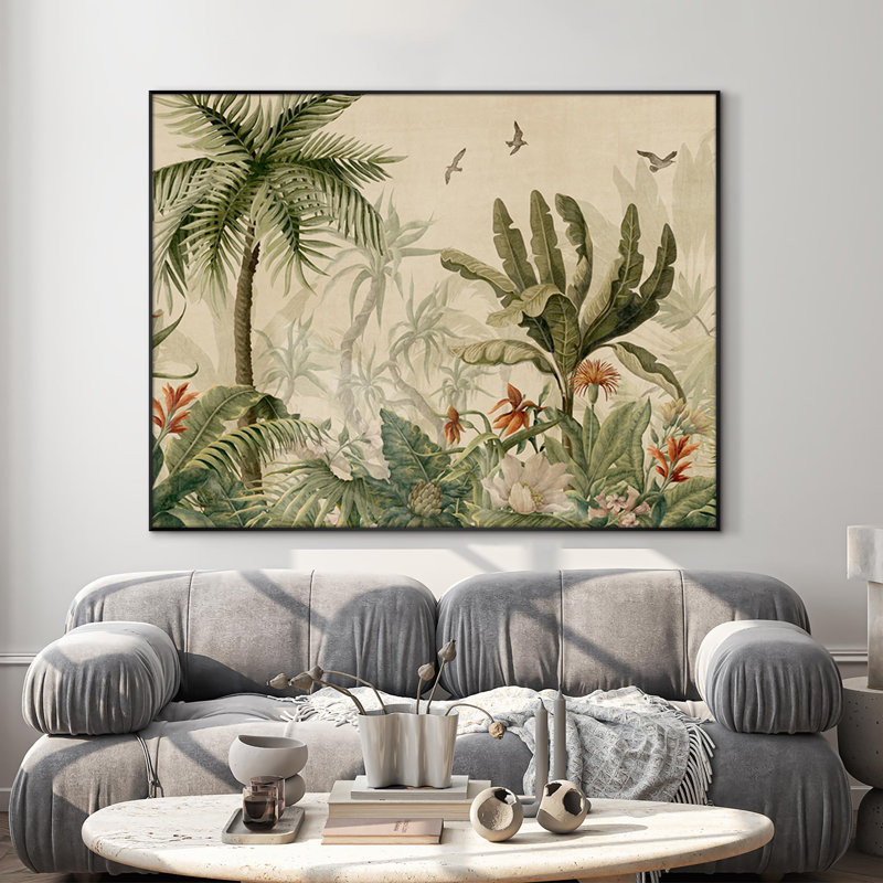 Très grand palmier et oiseaux de la jungle tropicale rétro, impression d'art mural encadré (assemblage de cadre requis)