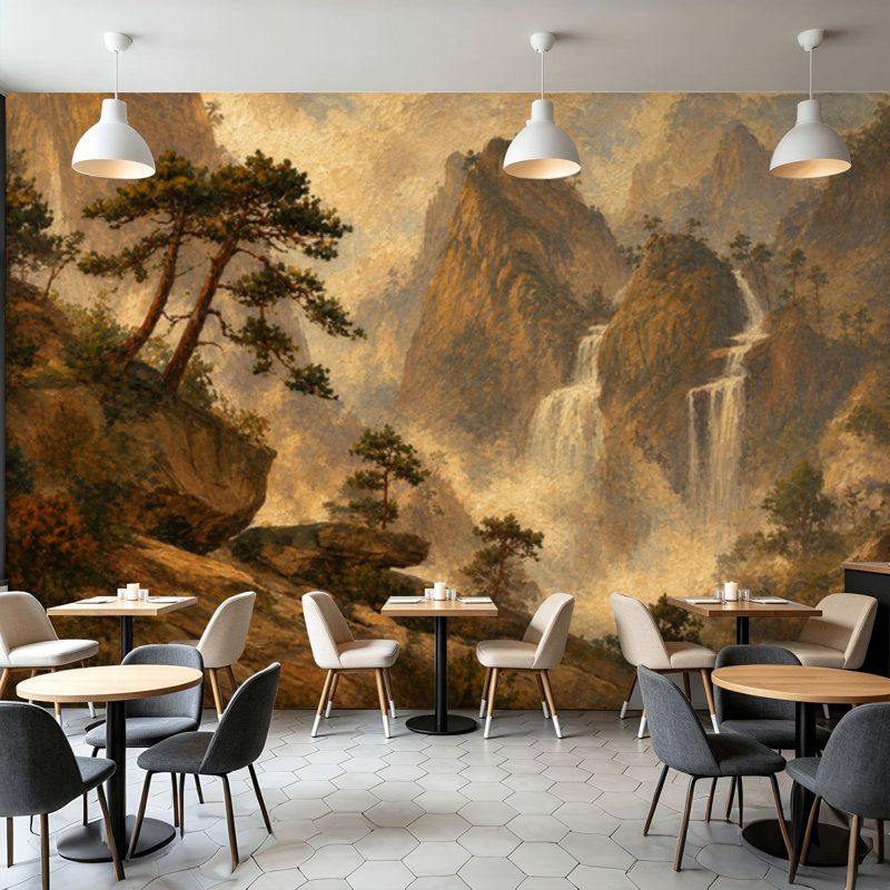 Papier peint adhésif pelez et collez, paysage de montagne majestueux, chutes de pin, tons chauds, art mural auto-adhésif et amovible