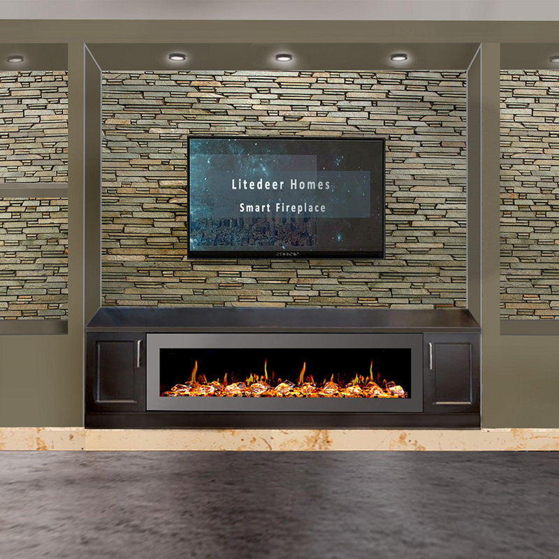 Litedeer Homes Latitude II ZEF68X 68" Smart Electric Fireplace | Ultra-Slim Wall Mounted & Recessed White Frame | HD Multi-Flame, Breathing Logs with Crushed Ice Rocks Decor, App Control