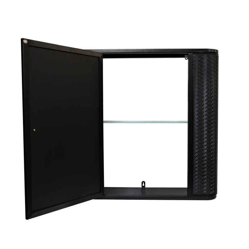 Armoire à pharmacie de salle de bain murale avec miroir, 2 tablettes intérieures, look moderne, au-dessus de la toilette, fermeture sécurisée, acier, miroir à porte simple noir à installation rapide pour le rangement, style rustique fixe,