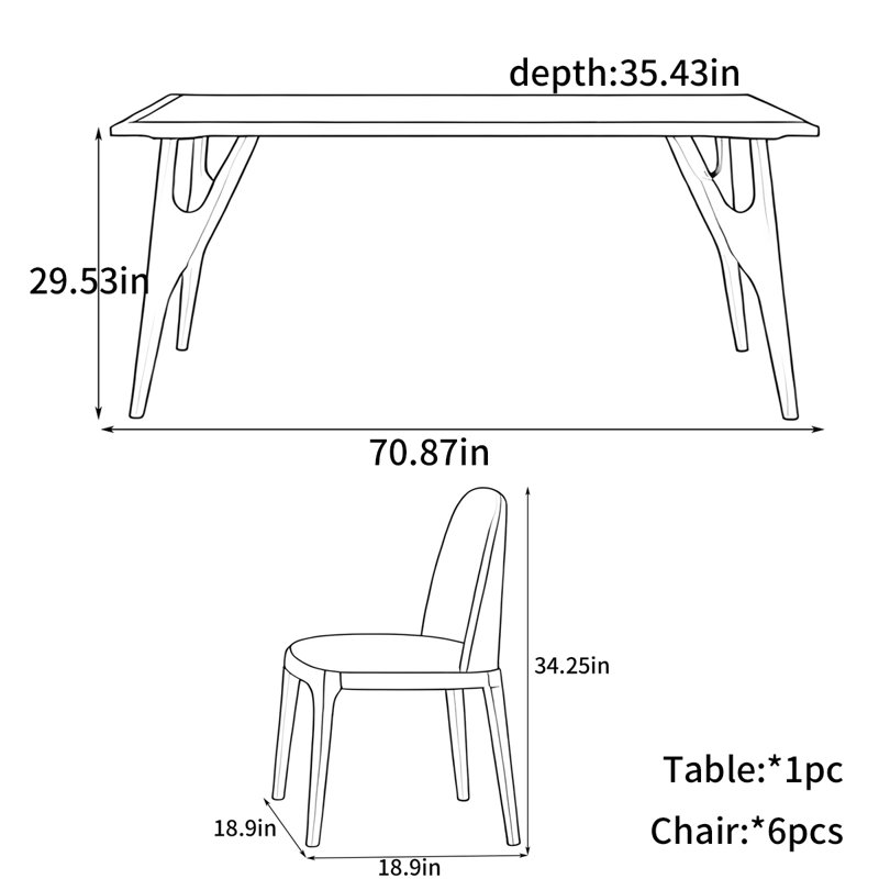 Rectangular luxury dining table, 7 Pieces: Table, 6 Chairs, 29.53" H x 70.87" W x 35.43" D