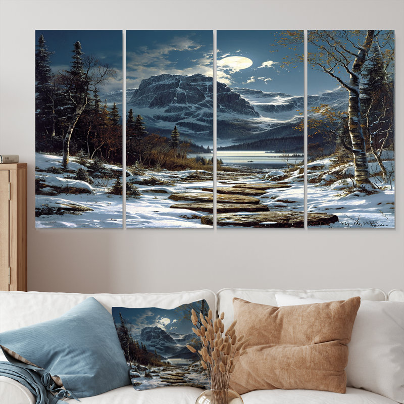 Chemin de pierre à travers la forêt de montagne hivernale - décoration murale forêt 4 pièces, H 28 po x l 48 po