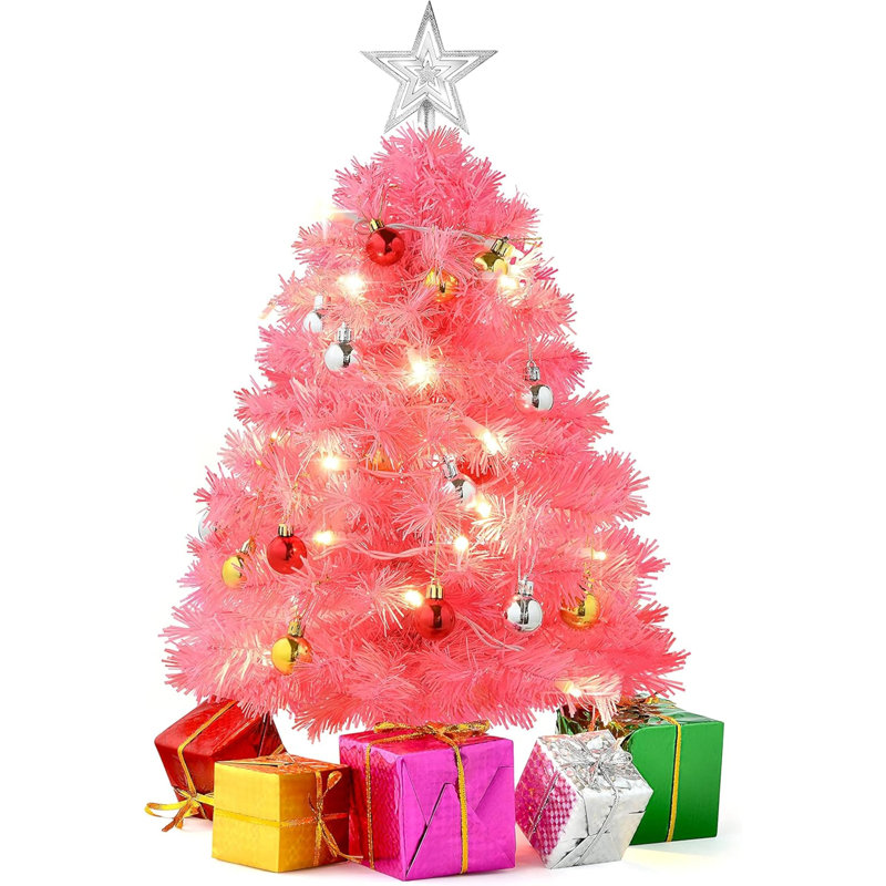 Ensemble de mini arbre de Noël de 23 pouces avec lumières à DEL, dessus en forme d'étoile, ornements et boîtes-cadeaux - Petit arbre de table pour bureau ou table - Décorations des Fêtes faciles à installer