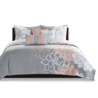 Premium Reversible Cotton Bedding Sets, Floral Grey/peach Design, Full/queen